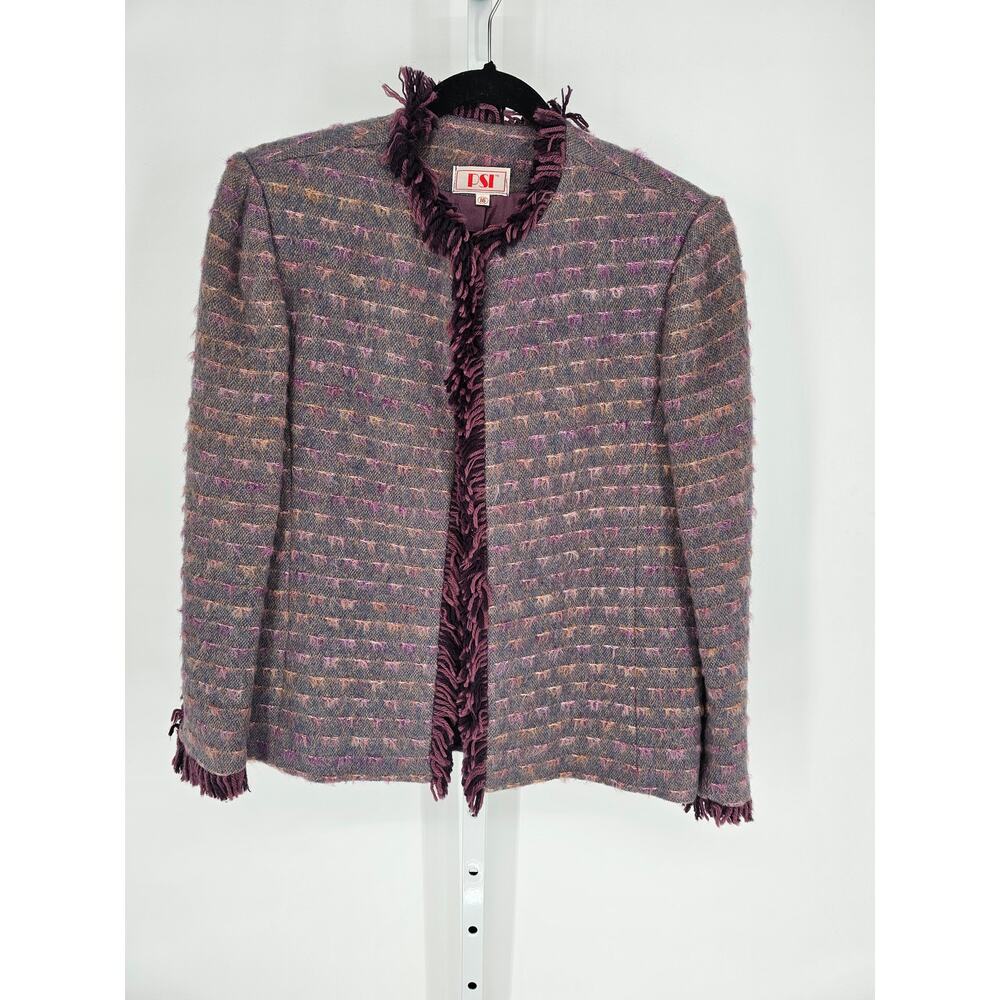 PSI Women's Purple Wool Tweed Long Sleeve Round Neck Blazer Size 16